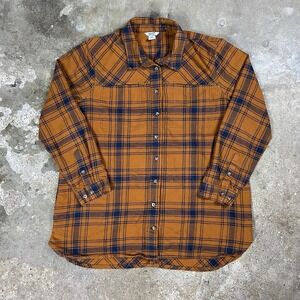 Duluth Trading Button Up Shirt Size XXL Orange Blue Plaid Long Sleeve Work Wear
